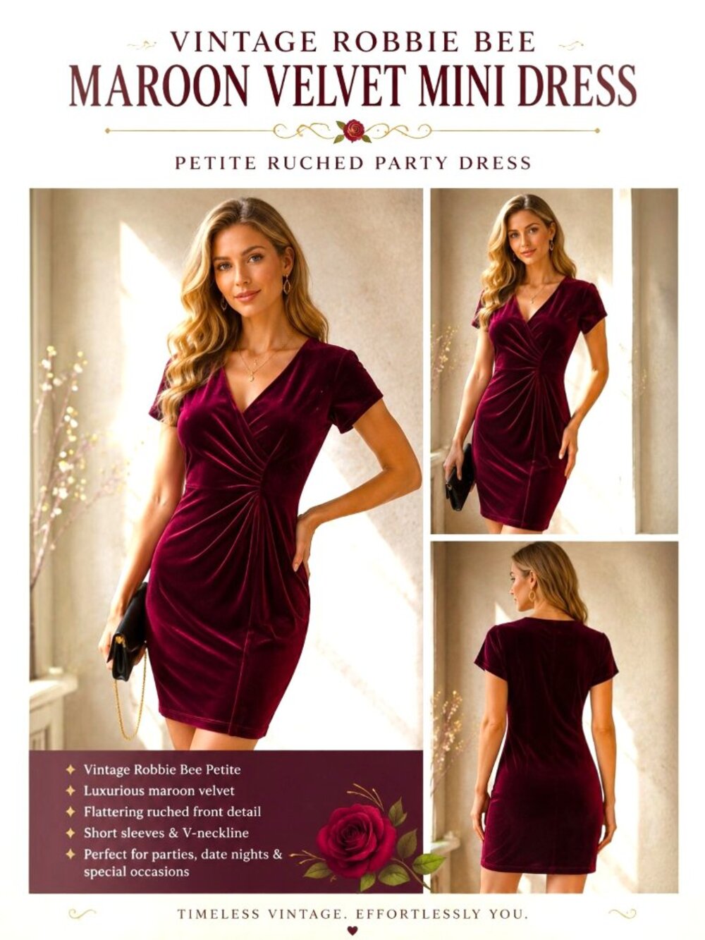 Robbie Bee Petite Maroon Velvet Dress Ruched V Neck Short Sleeve Cocktail